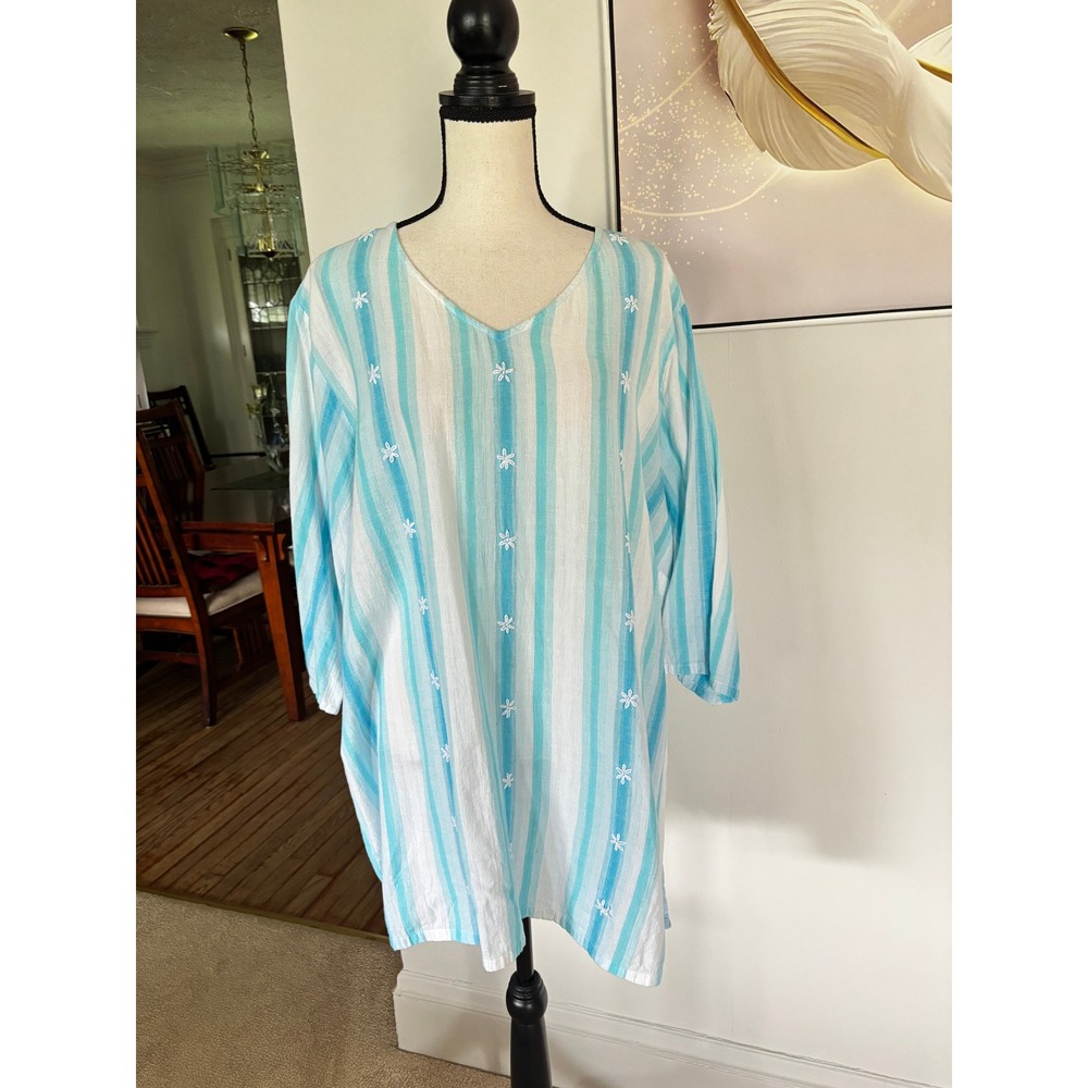 Maggie & Max Blue White Cotton Tunic Top Sz 3X Striped Floral Embroidered